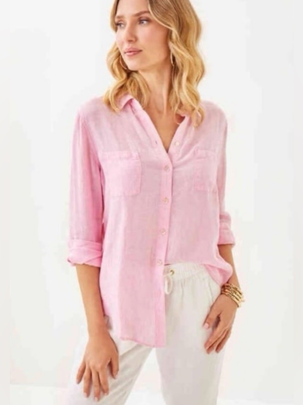Lilly Pulitzer Sea View 100% Linen Long Sleeve Top - Pink Tropics